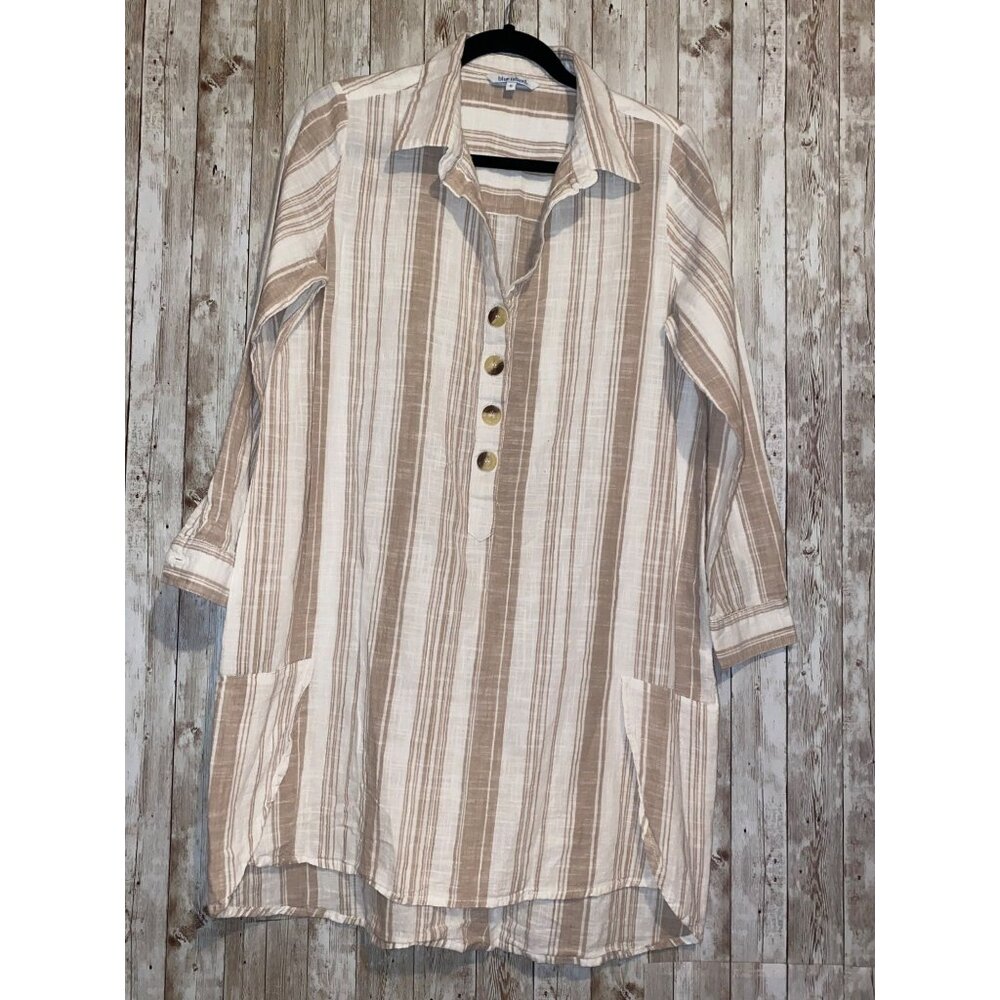 Women's Blue Island Stripe Cotton Tunic Beach Coverup Dress Size Small